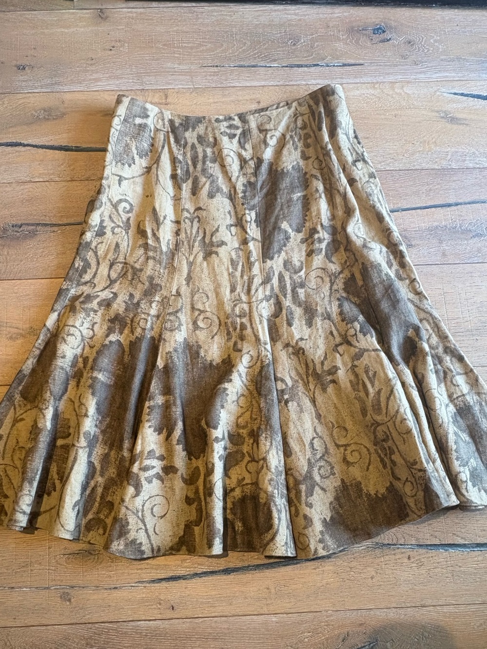 Ralph Lauren Brown and Tan Floral A-Line Skirt 100% Linen